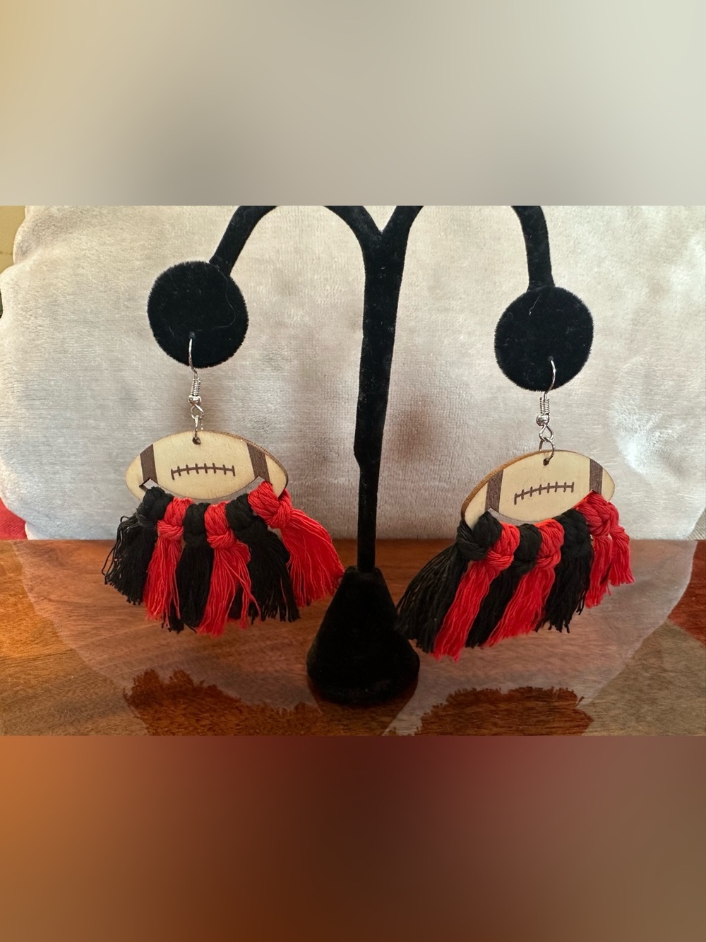 Handmade Red & Black Football Tassel Earrings - Women Accessories